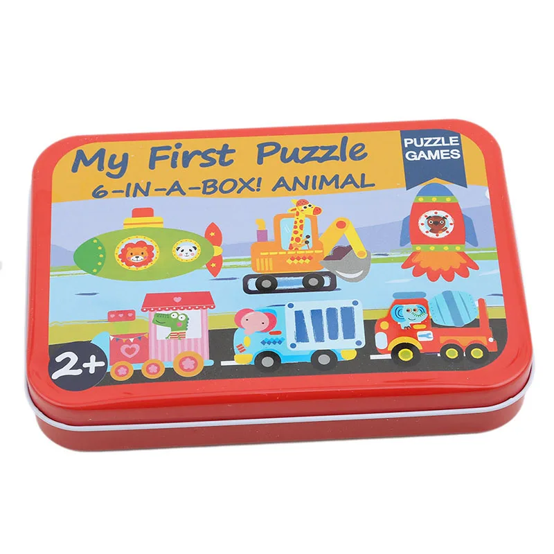 New 6 In 1 Iron Box Cartoon Animals Wooden Puzzle Children Montessori Early Educational Toys Baby Toys Gifts For Kids 11