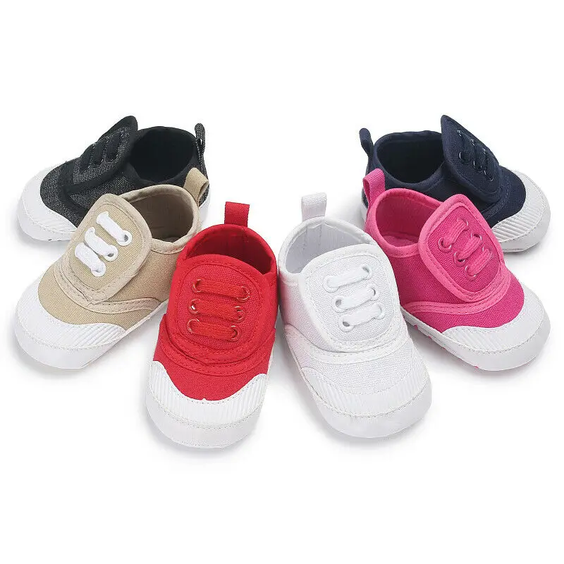 Baby First Walkers Newborn Toddler Baby Boy Girl Solid Canvas Shoes Soft Sole White Pram Shoes Trainers 0-18Month