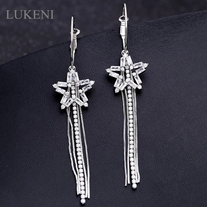 

LUKENI Romantic Luxury White Color Cubic Zircon The Stars Tassel Long Earrings For Women Wedding Fashion Jewelry