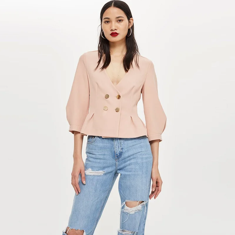 HYH HAOYIHUI Seven Point Sleeve Suit Coat Women 2018 Summer Autumn V-Neck Metal Double-Breasted Pleated Lantern Sleeve Coat