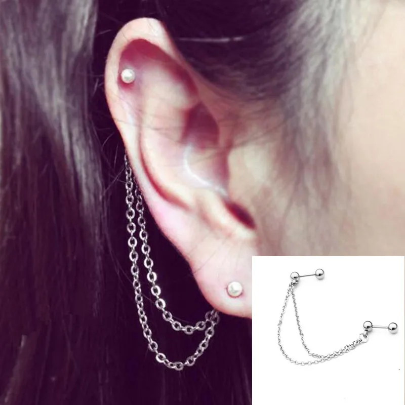 

1pc KPOP Double ear hole Album Stainless steel chain Stud Earrings Korean Jewelry Accessories For Men And Women Earring