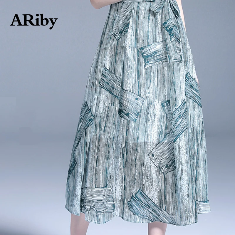 Women Dress ARiby 2019 Summer New Fashion Office Lady Chiffon Elegant Slim Dress Sleeveless Printed Mid-Calf Sashes A-Line Dress