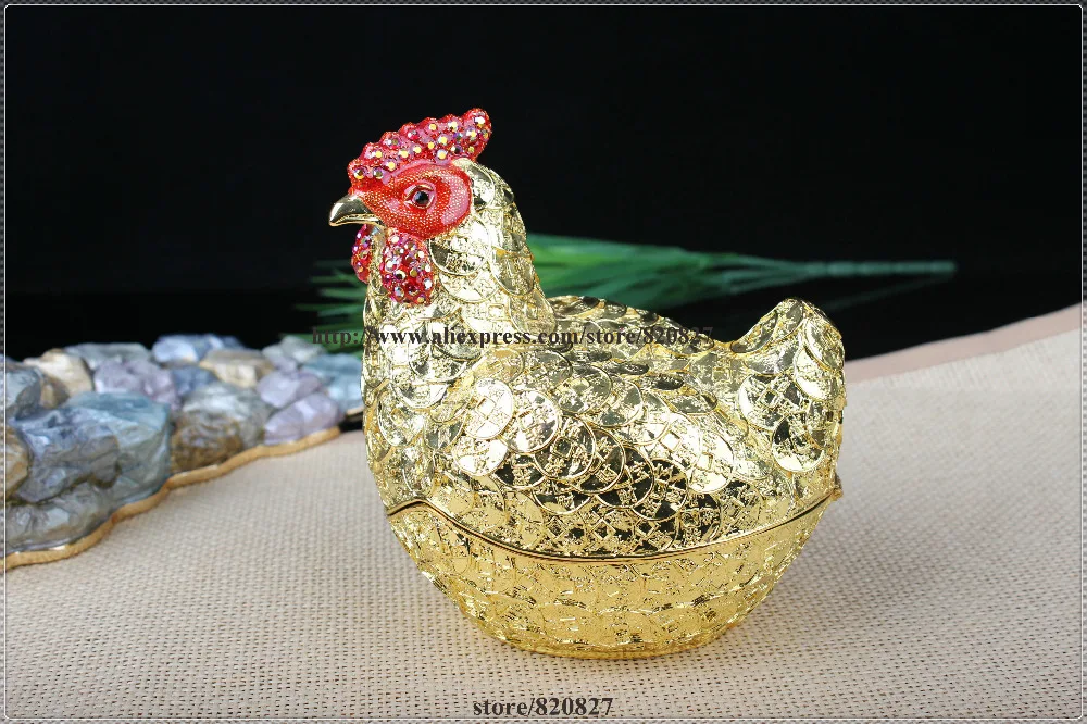 Good Luck and Godd Fortune Bring Rooster Chicken Statue Trinket Jewelry Box Fengshui Chicken Jewelry Box with Coins Covered