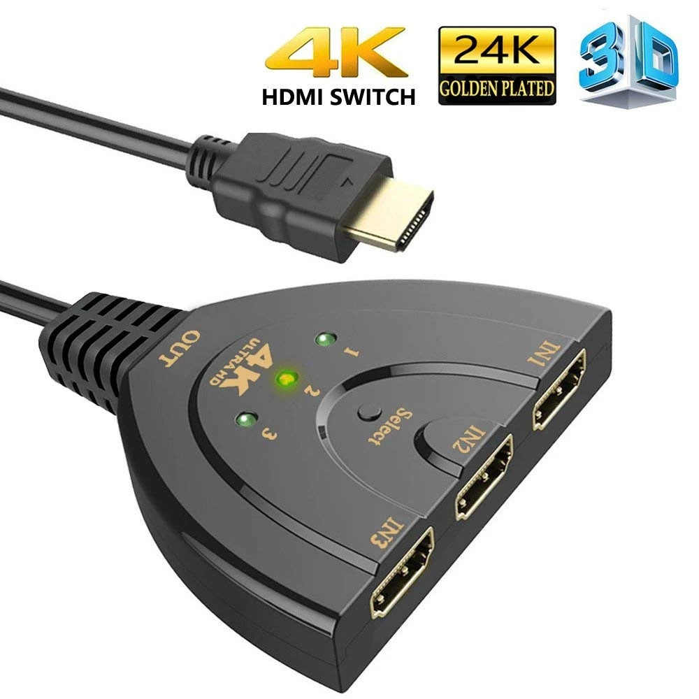 Conmutador HDMI 3 puertos 4 K HDMI conmutador 3 x 1 conmutador HDMI divisor cable compatible con Full HD 4K 1080P reproductor 3D