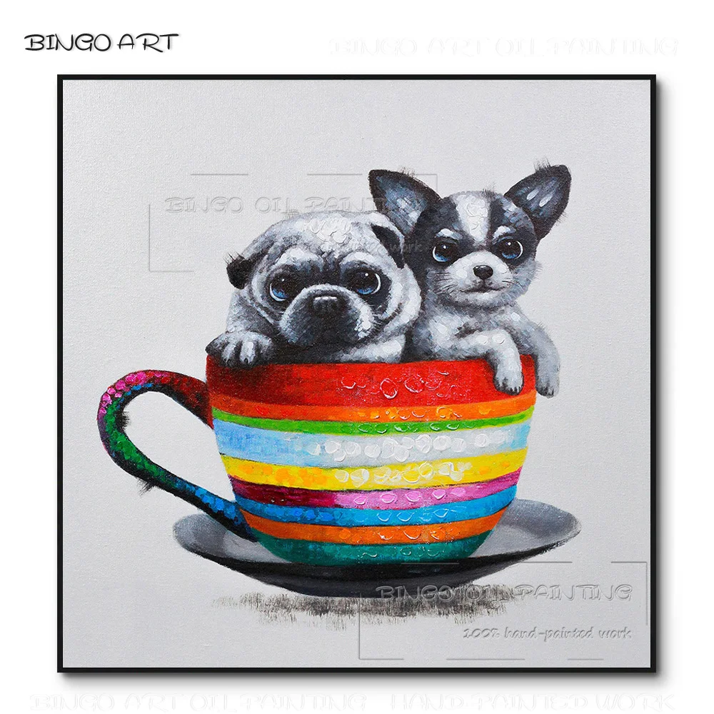 

Дешевая ручная роспись, милые животные, чайная чашка для собак, картина маслом на холсте ручной работы, милая картина маслом в виде собаки для гостиной, искусство