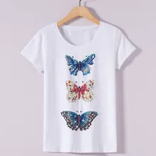 Корейский Лето Женская Высокая мода тонкий o-образным вырезом короткий рукав горный хрусталь бабочка бисер футболка Топы женские хлопковые футболки