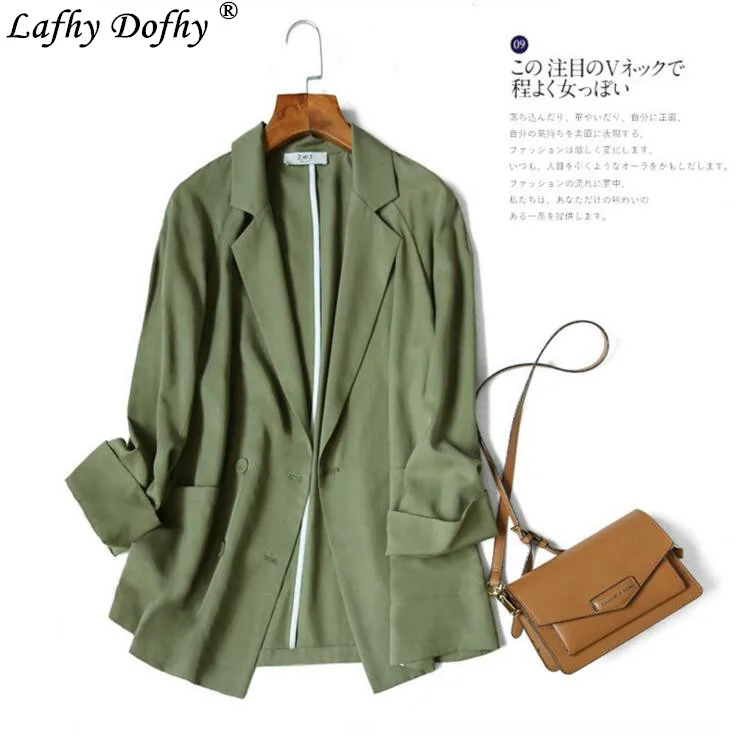 

Spring Korean casual double-breasted suit jacket female long section loose solid color wild sky silk suit women's clothing 187
