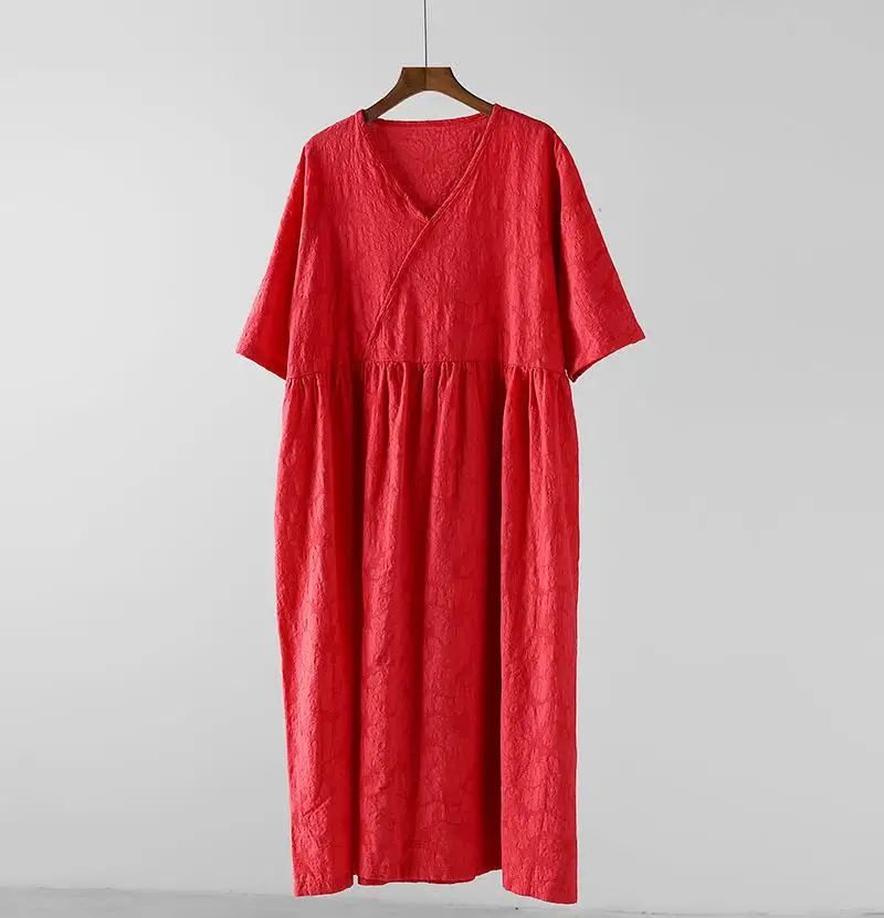 Новинка, одежда, летнее платье, винтажное, свободное, одноцветное, v-образный вырез, жаккардовый хлопковый льняной, удобное женское платье - Цвет: Красный