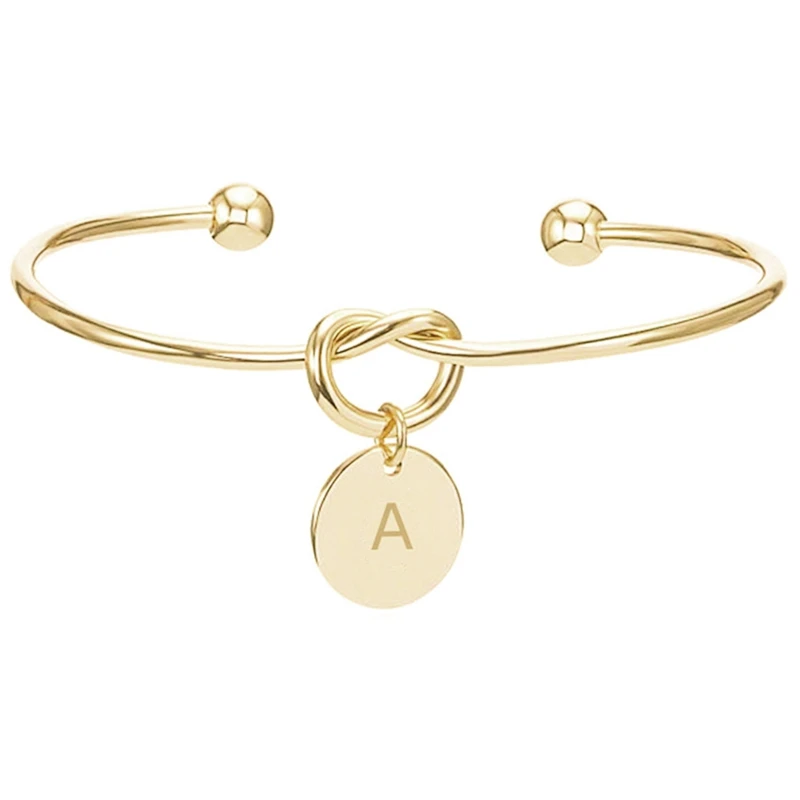 

26 Letter Silver Gold Rose Gold Knot Bracelet Bangle Fashion Jewelry Coin Pendant Engraved Bracelets for Women