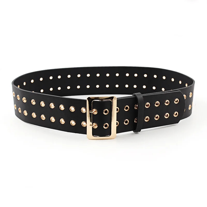 

Winfox Fashion Black Red Punk PU Leather Belt For Women Gold Square Double Eyelets Pin Buckle Wide Corset Waistband Belts