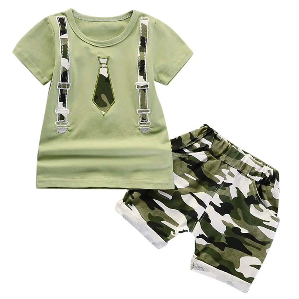 

Toddler Baby Boys clothes Tie Print T-shirt Tops Camouflage Shorts Outfits Set kids clothing children clothes roupas de menino