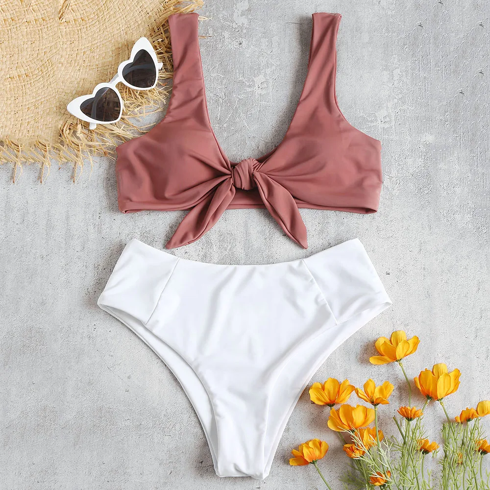  ZAFUL Bikini Front Tied Color Block High Rise Bikini Cut High Waisted Swimsuit Sexy Swimwear Women 