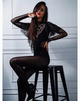 

KLEEZY 2019 New Summer women Long Sleeve Hollow Out Lace Rompers Bodysuit Black Beige Celebrity party Short Jumpsuit BY889
