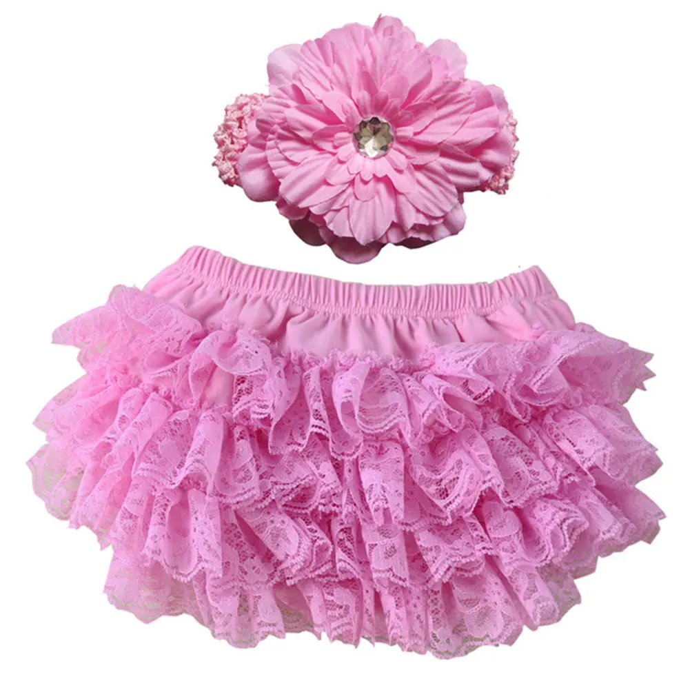 Милые трусики-шаровары для маленьких девочек, комплект с повязкой на голову, трусики с оборками для новорожденных, кружевные шорты для младенцев,@ ZJF - Цвет: Pink  M