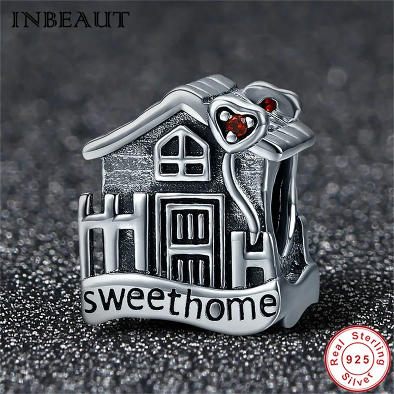 

fit Pandora Bracelet 925 Sterling Silver Warm Home Beads S925 Red CZ Sweet Small House Room Charm for Bangle Chain Women DIY