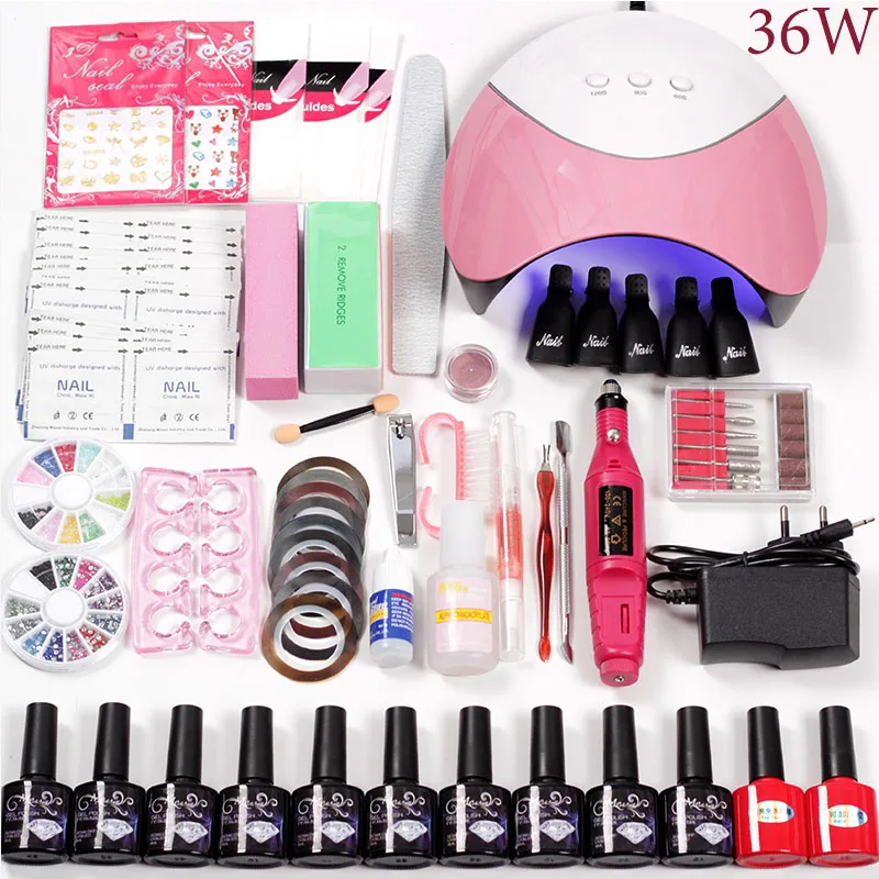 

Manicure Set 10Pcs Gel Polish Base Top Coat Or NO Gel Nail Kits 36w/48w/80w Uv Led Lamp Electric Manicure Handle Nail Art Tool