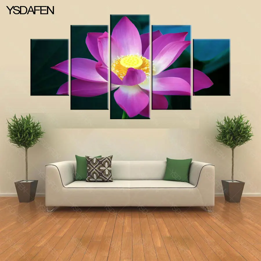 5 piece canvas art purple lotus flower for HD printed painting canvas