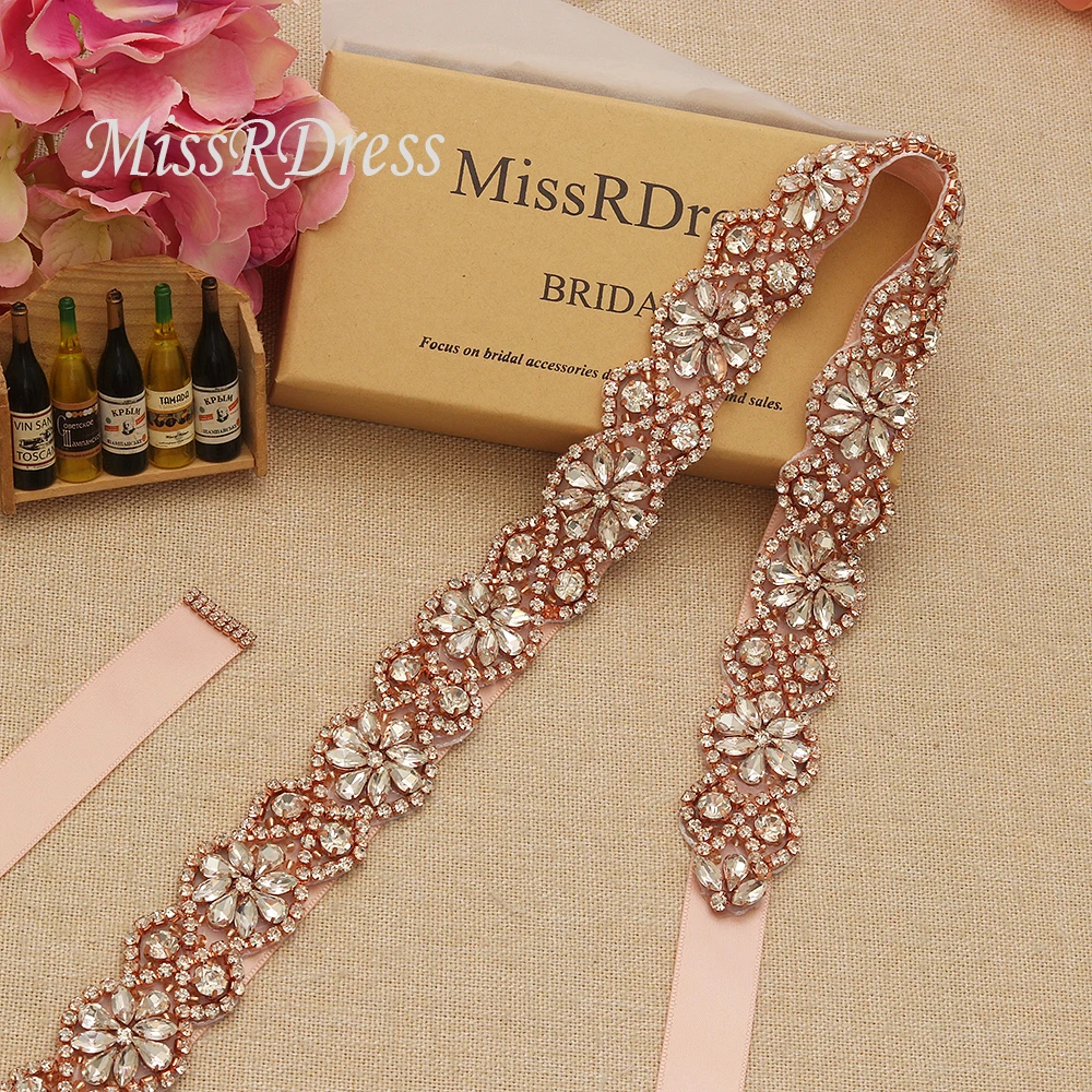 

MissRDress Rhinestones Beads Wedding Belt Crystal Flower Bridal Belt Rose Gold Diamond Bridal Sash For Wedding Dresses JK818
