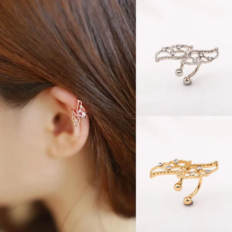 

1PC Punk Rhinestone Cartilage Ear Bone Clip Cuff Wrap Earring No piercing-Clip Hollow Wings Clamp Women Party Jewelry Wholesale