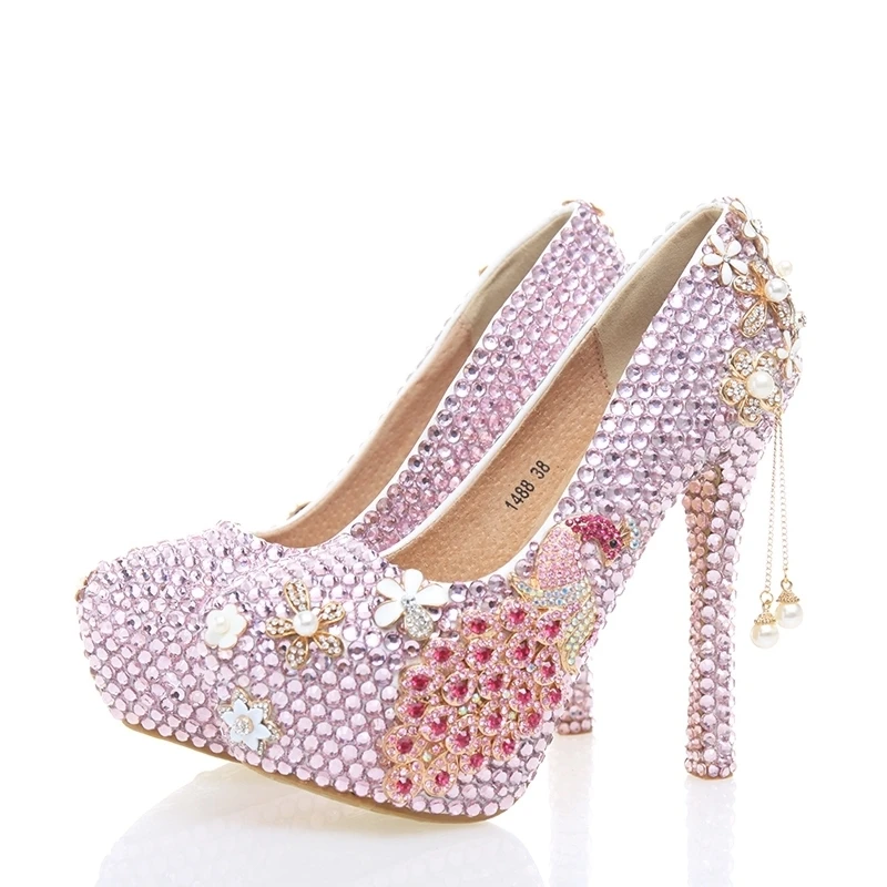 

Pink Rhinestone Bride Shoes Phoenix Wedding Party Shoes Thin Heel Handmade Banquet Pumps Women High Heels Mother of Bride Shoes