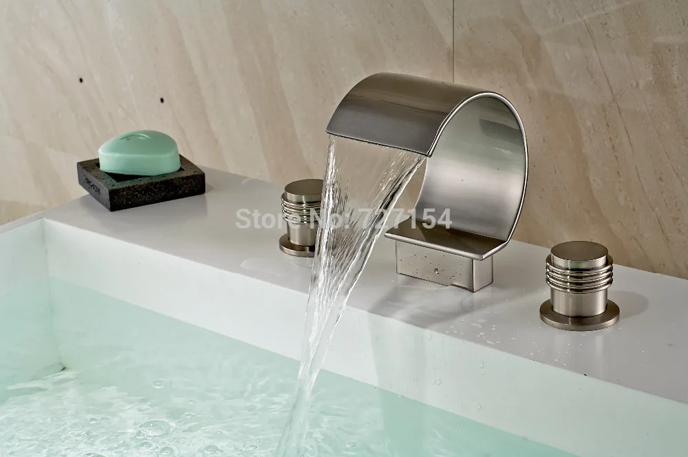 

Free Shipping! Nickel Brushed Bathroom Basin Faucet C Curved Waterfall Spout Dual Handles Mixer