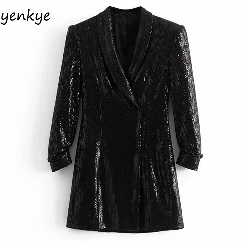 Spring 2019 Women Sequin Blazer Dress Elegant Lady Vintage