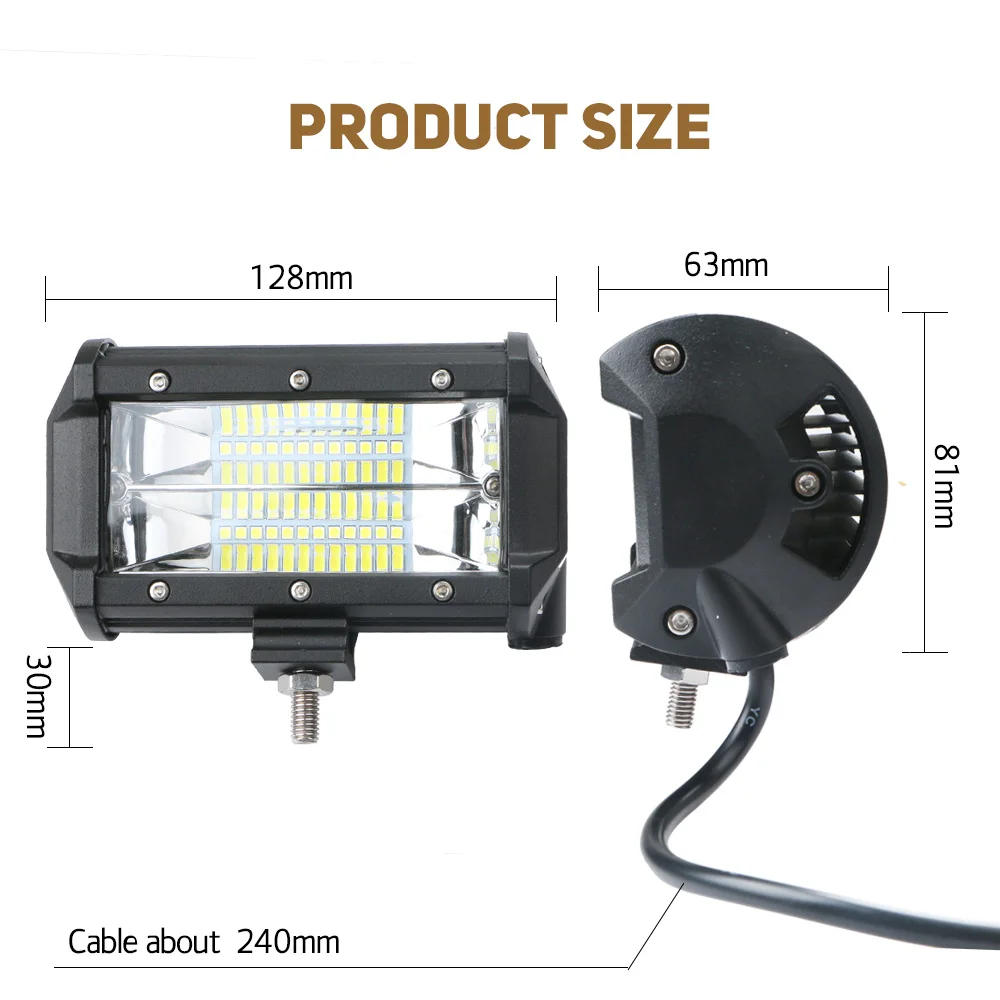 72 Вт светодиодный рабочий светильник для внедорожника, рабочий светильник, водонепроницаемый IP68 1 шт./2 шт., универсальный автомобильный светильник