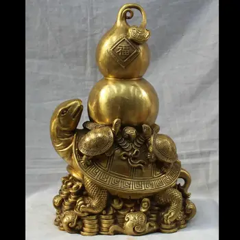 

67468+++14" Chinese Fengshui Cucurbit Gourd Money Wealth Dragon Tortoise Brass Statue