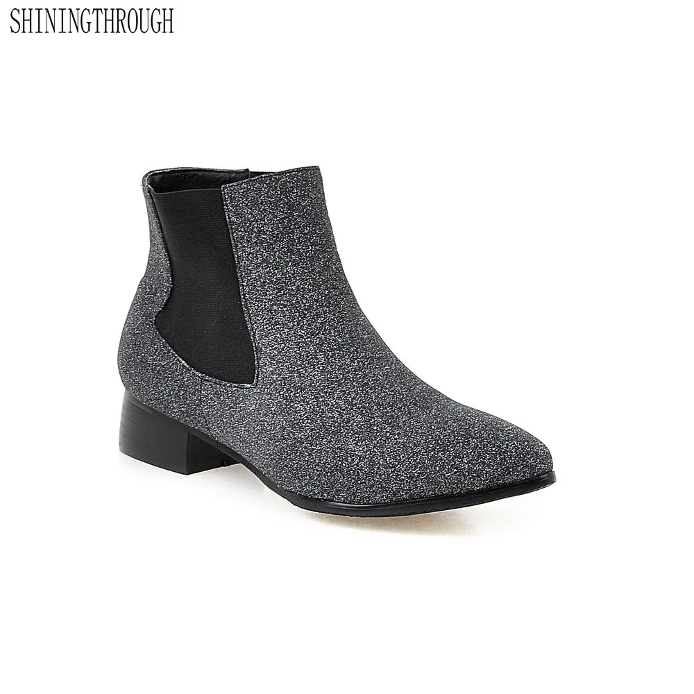 

SHININGTHROUGH Fashion Pointed toe biling bling Ankle Boot Hoof High Heels Short Boots Autumn Boots Shoes blue Woman Shoe