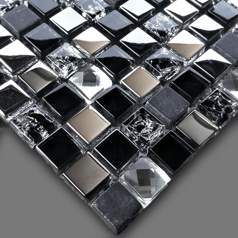 

Shiny Mirror Crystal Glass mixed Black Marble Stone Mosaic Tile for Kitchen Splashback Bathroom Shower Cabinet Hallway wall deco