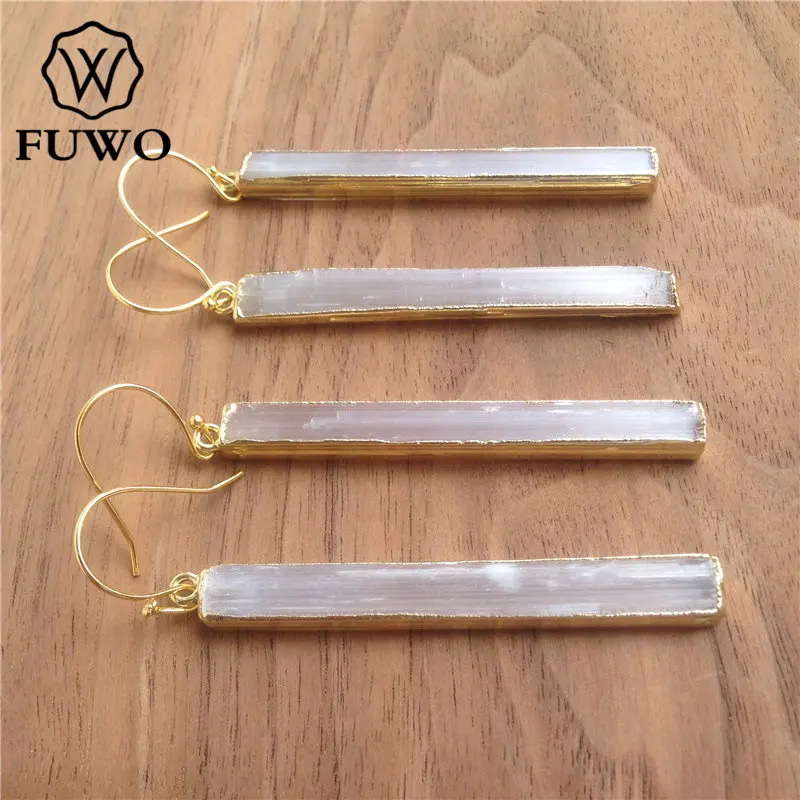 FUWO Wholesale Natural Selenite Earrings,Golden Plated Raw Crystal Blade Dangle Earring Jewelry For Women 5Pairs/Lot ER024