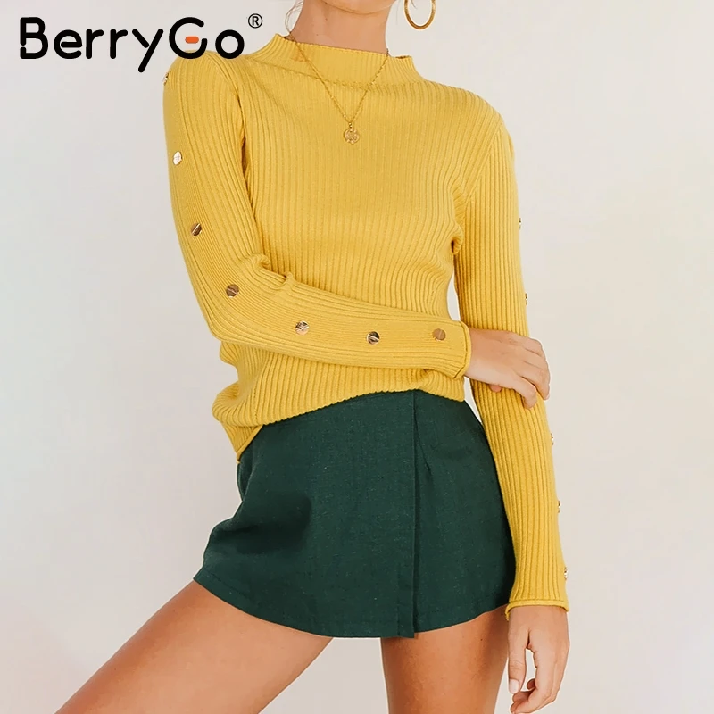 BerryGo Stand collar knitting women sweater winter Long sleeve rivet button knitted sweaters Female casual pullover white jumper