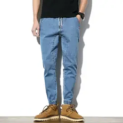 Для мужчин slim fit джинсовый, синие джинсы повседневное узкие брюки хип хоп одежда уличная мода эластичный пояс плюс Азиатский размеры 5XL J01