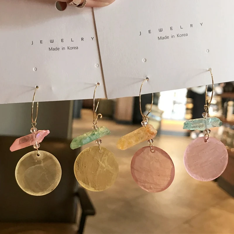 

MENGJIQIAO 2019 Korean Elegant Natural Shell Wafer Drop Earrings For Women Colorful Stone Summer Boucle D'oreille Girls Gifts