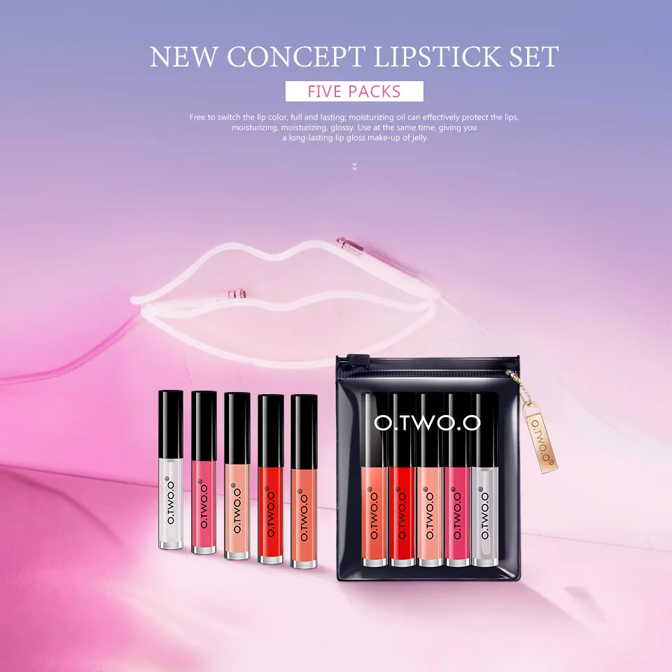 

O.TWO.O 5PCS Moisturizing Bright Smooth Long Lasting Lip Gloss Set Liquid Lipstick Professional beauty Makeup Matte Lip Kit
