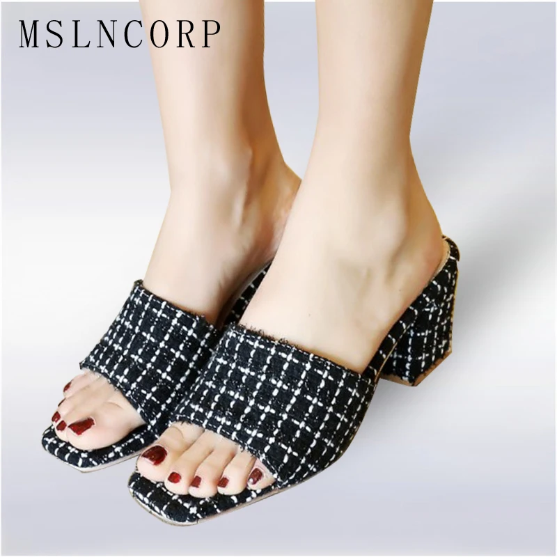 

plus size 34-43 Fashion Peep Toe Chunky Heel Women Mules Female Casual Slides Sandals Thick High Heel Slippers Shoes Footwear