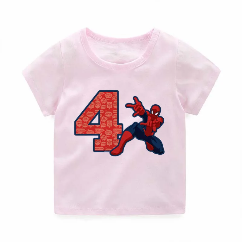 Футболки для маленьких мальчиков и девочек с человеком-пауком, на день рождения, с цифрами от 3 до 6 лет Детская летняя забавная футболка с героями мультфильмов детский топ в стиле Харадзюку, одежда для малышей - Color: P1214B-pink