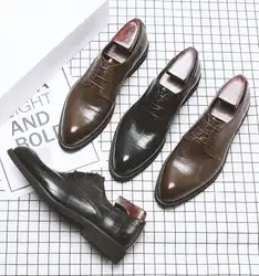 Платье в деловом стиле Мужская обувь ручной работы коричневый черная обувь с острым носком Модные Мужские туфли из натуральной кожи
