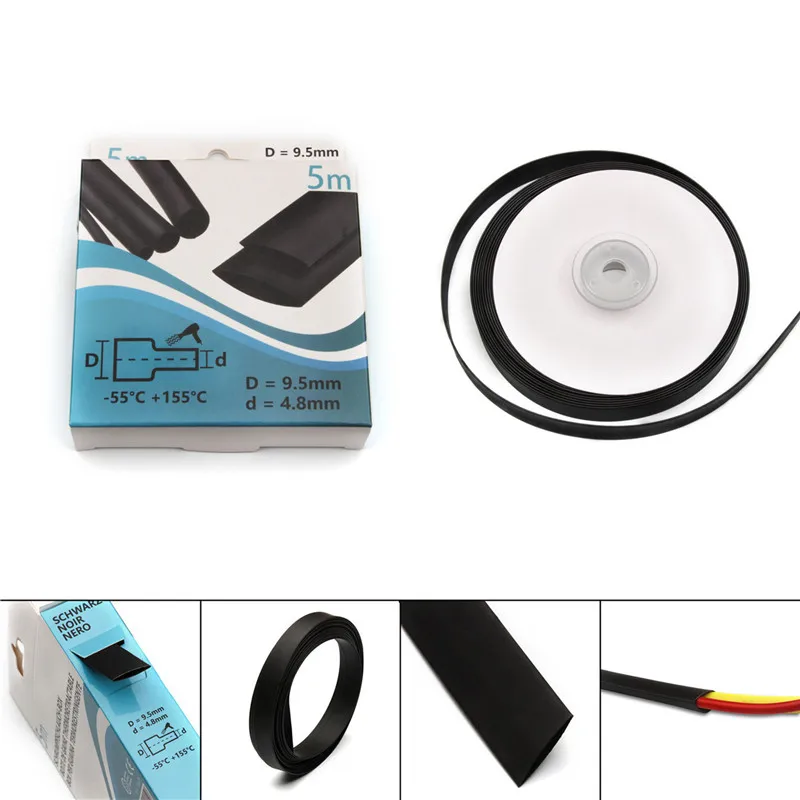 

1 x 5M x 9.5mm Insulation Black Heat Shrink Tube Polyolefin 2:1 Electrical Wrap Wire Cable Shrinkable Sleeve Kit with Carton Box