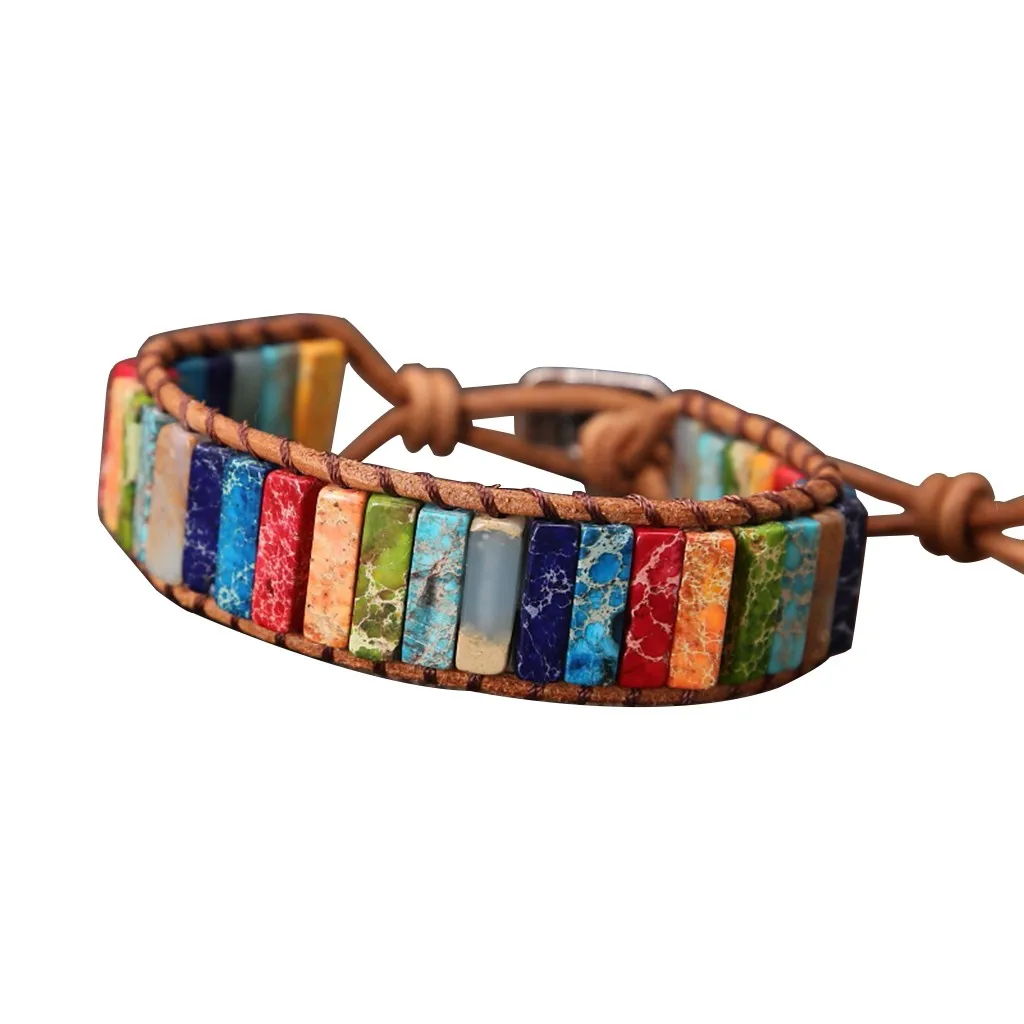 

Leather Chakra Bracelet Handmade Multi Color Natural Stone Tube Beads Vintage Leather Charm Bracelet Couples Bracelets