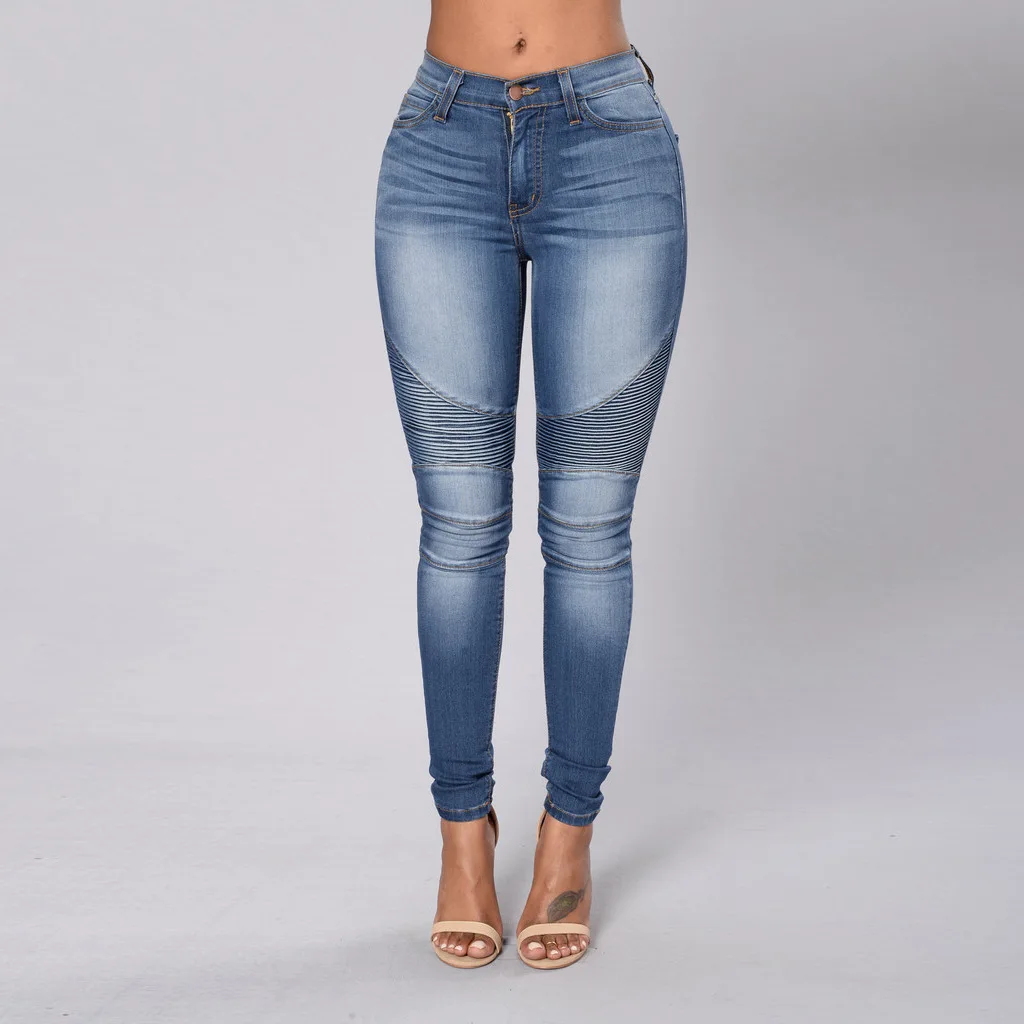 

2017 women's stretch fashion jeans bleached vintage spliced skinny slim jeans cotton blue pencil pants jeans sweet long jeans