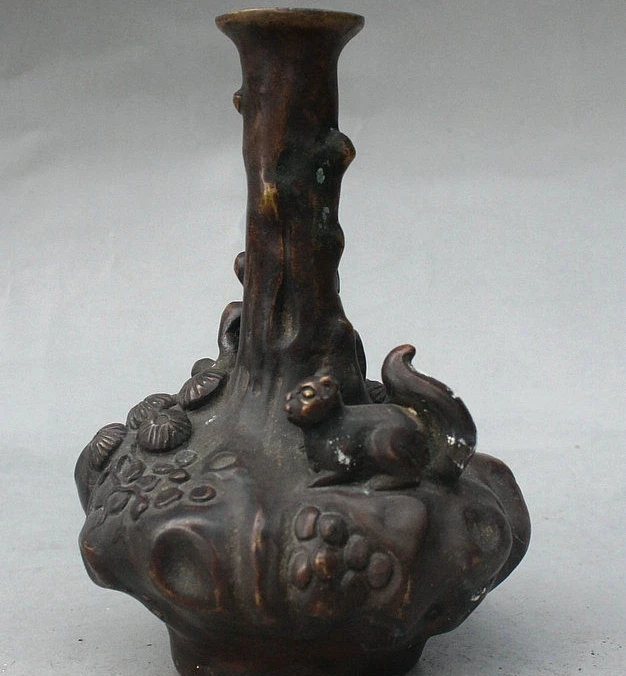 

6" Marked Old China Bronze Squirrel On Pine Tree Statue Flower Bottle Pot Vase