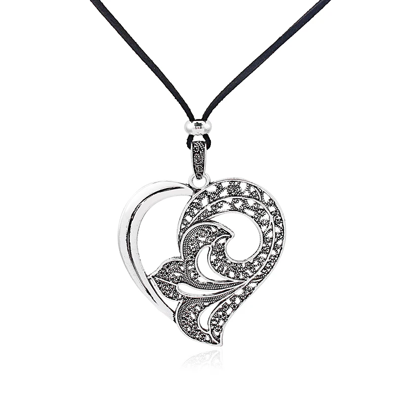 

1pcs Antique Silver Large Largenlook Filigree Lacework Lily Flower Heart Pendant Long Faux Suede Leather Rope Chain Necklace