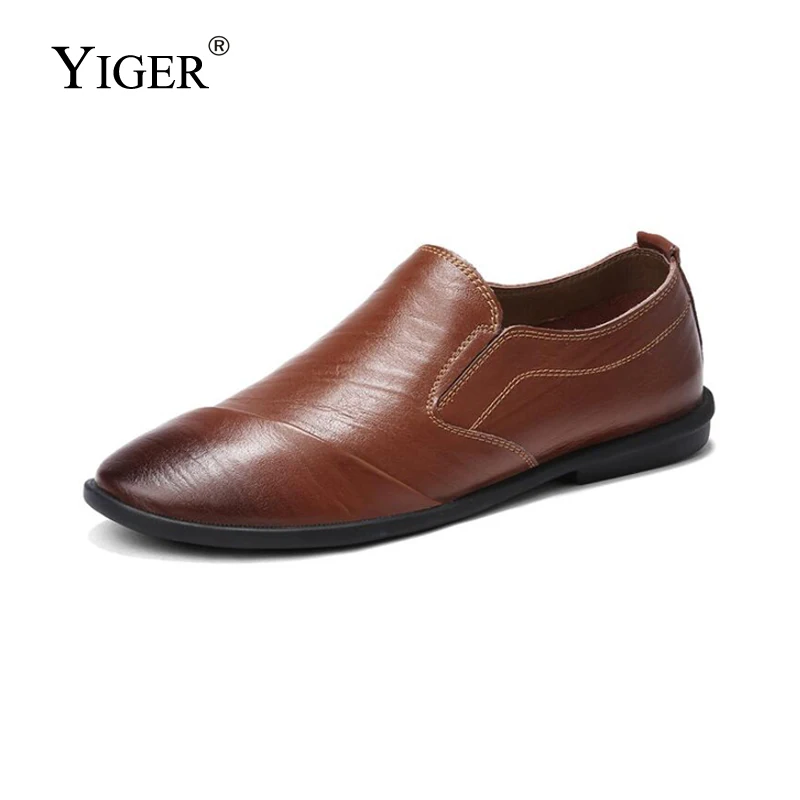 

YIGER New Man Loafers Genuine Leather Men Rubbing color Slip-on Shoes Casual Peas Shoes Retro men's shoes Black/khaki/Brown 0117
