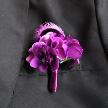 

Feather Corsage Groom groomsman Best Man suit Purple Silk Hydrangea Peacock Feather Boutonniere For Party Wedding Flowers