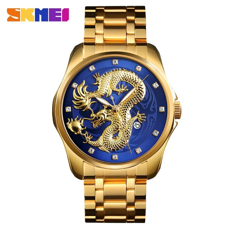 

SKMEI Luxury Chinese Golden Dragon Quartz Watch Men Date Display Mens Watches Waterproof Wristwatches Relogio Masculino 9193