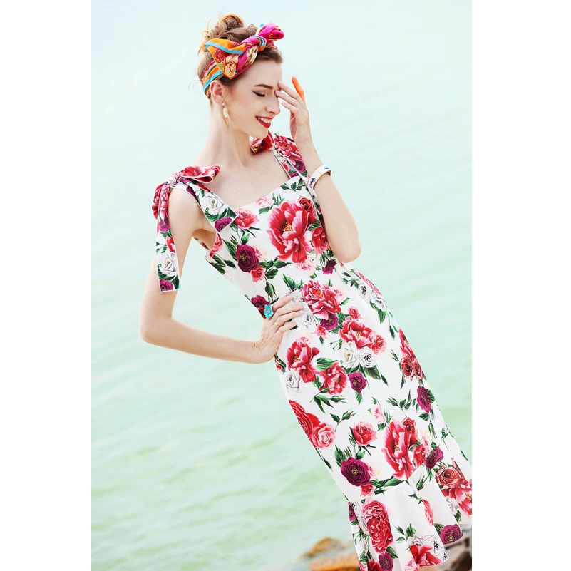 

2019 New Designer Fashion Summer Dress Women's Spaghetti Strap Floral Print Elegant Bodycon Ruffles Sweet Mermaid Mid-Calf Dress