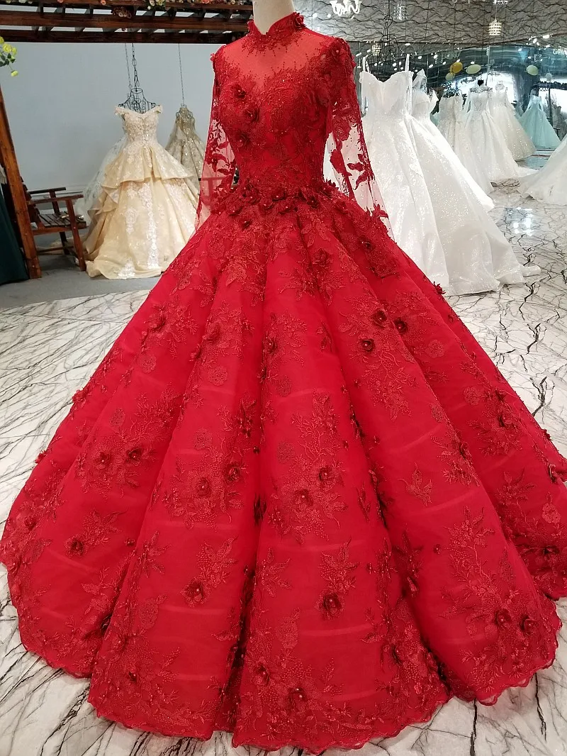 02100 реальное изображение высокого качества красный аппликация свадебное платье с длинным рукавом с высоким воротом пушистое бальное