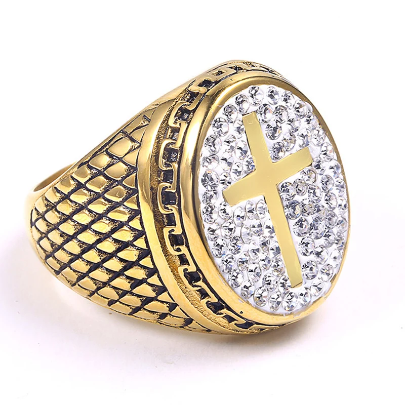 Men's Hip Hop Ring AAA+CZ Stone Bling Ice Out Gold Color Titanium Stainless Steel Cross Rings Hiphop Rapper Jewelry Size 8-14