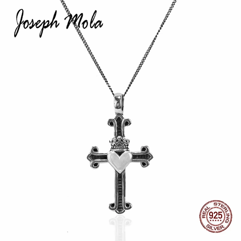

Joseph Mola 925 Sterling Silver Exquisite Retro Cross Crown Love Necklace For Man Women Party Birthday Gift Fashion Thai Silver
